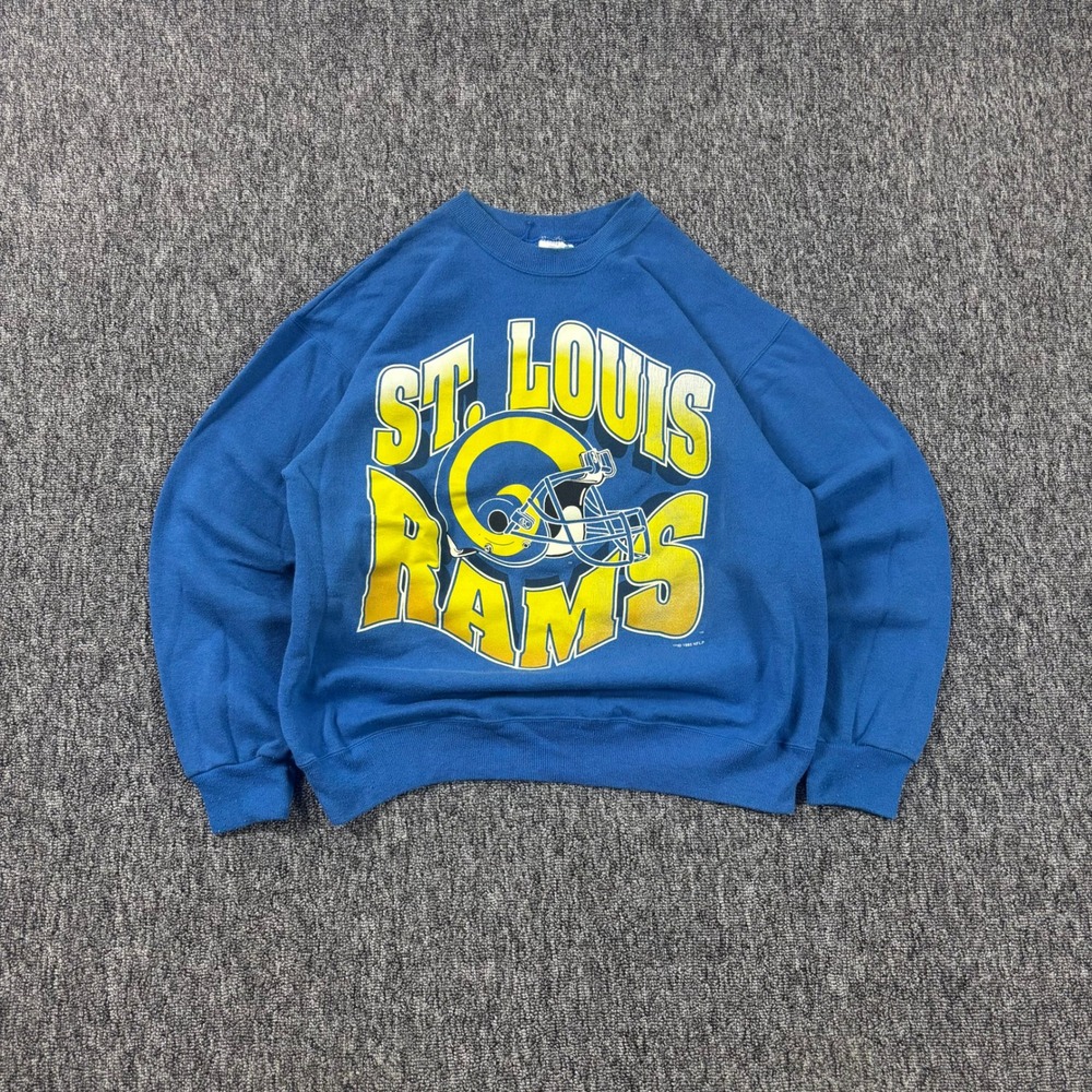 Vintage 90s Made In USA St Louis Rams NFL Graphic Sweatshirt Blue Large